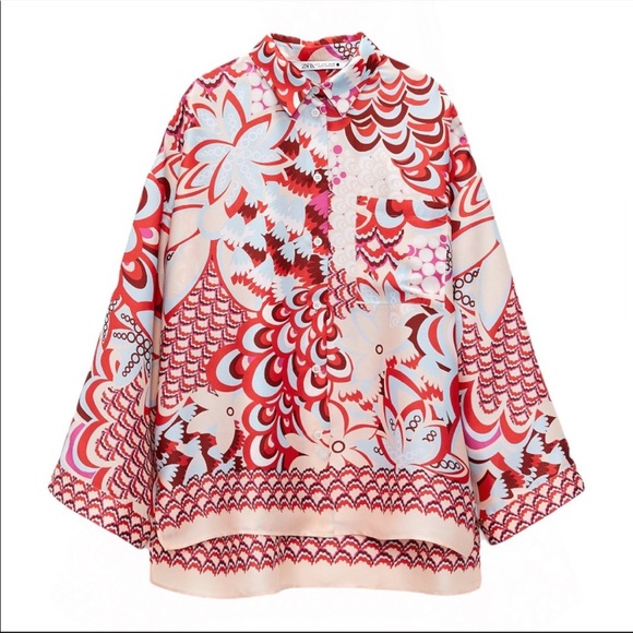 Zara Satin Floral Printed Hi Lo Button Up Shirt Blogger Favorite - Picture 6 of 9